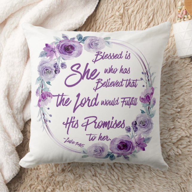 Luke 1:45 Blessed is She Purple Floral Cushion (Blanket)