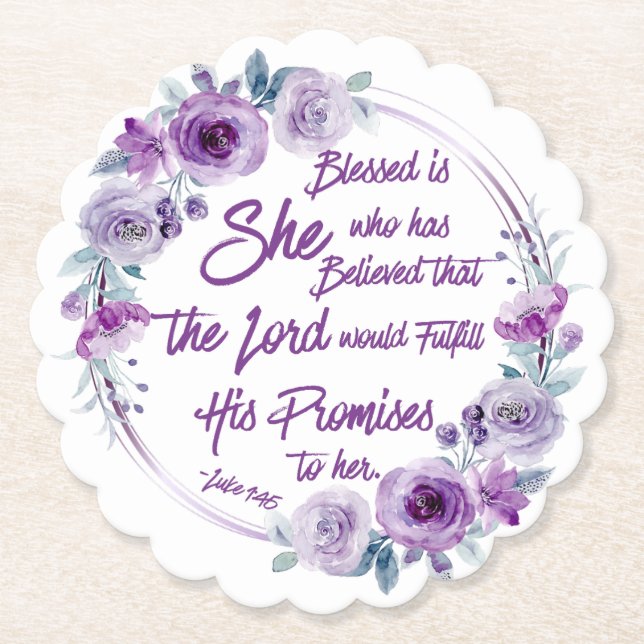 Luke 1:45 Blessed is She Purple Floral Paper Coaster (Front)