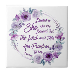Luke 1:45 Blessed is She Purple Floral Tile