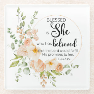 Luke 1:45 Blessed is She Spring Orange Flower Glass Coaster