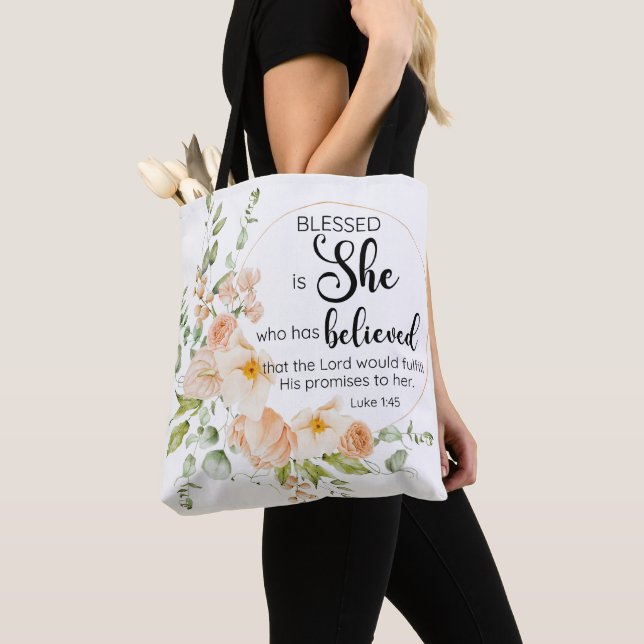 Luke 1:45 Blessed is She Spring Orange Flower Tote Bag (Close Up)
