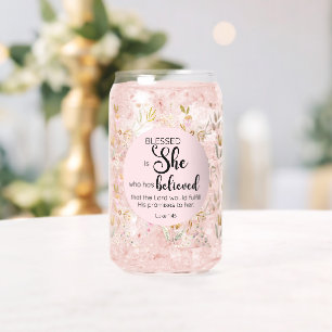 Luke 1:45 Blessed is She Watercolor Pink Floral Can Glass