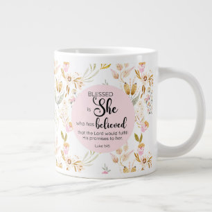 Luke 1:45 Blessed is She Watercolor Pink Floral Large Coffee Mug