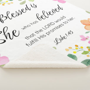 Luke 1:45 Blessed is She, Women's Scripture Floral Sherpa Blanket