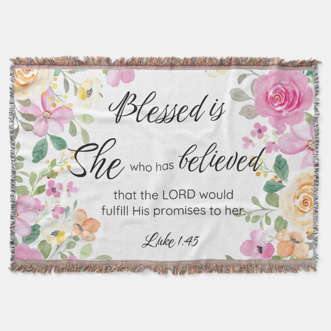Luke 1:45 Blessed is She, Women's Scripture Floral Throw Blanket (Front)