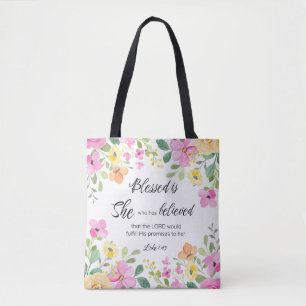 Luke 1:45 Blessed is She, Women's Scripture Floral Tote Bag