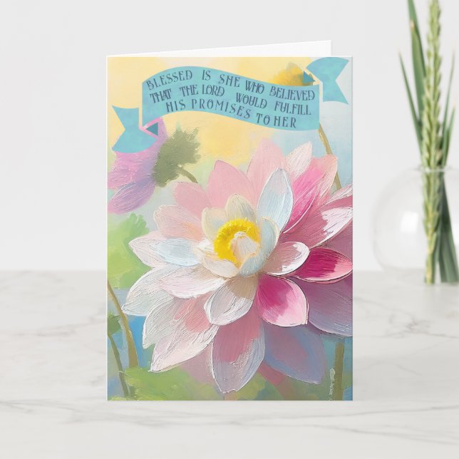 Luke 1:45, Dahlia Flower, Bible Verses Mothers Day Holiday Card (Front)
