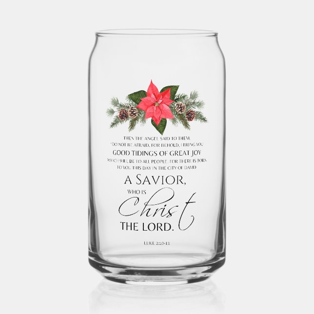Luke 2:10-11 Poinsettia Christmas Scripture Can Glass (Front)