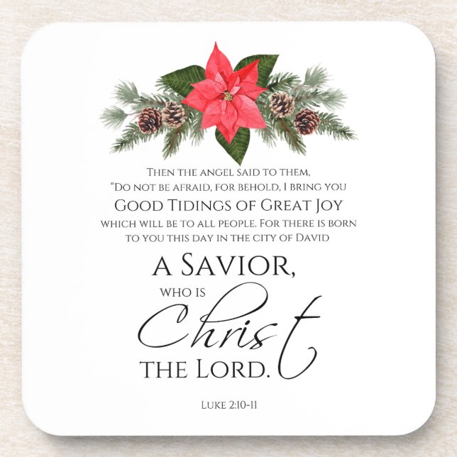 Luke 2:10-11 Poinsettia Christmas Scripture Coaster (Front)
