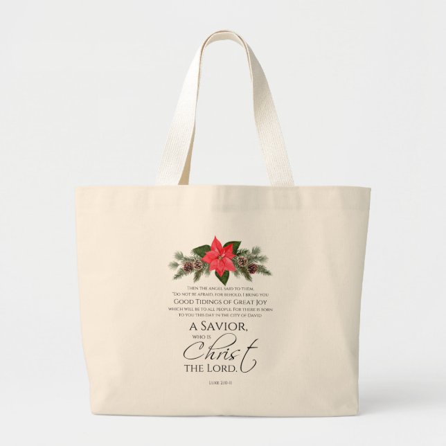Luke 2:10-11 Poinsettia Christmas Scripture Large Tote Bag (Front)