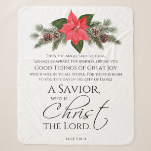 Luke 2:10-11 Poinsettia Christmas Scripture Sherpa Blanket