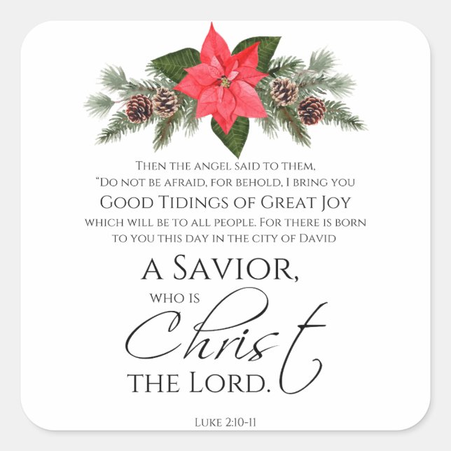 Luke 2:10-11 Poinsettia Christmas Scripture Square Sticker (Front)