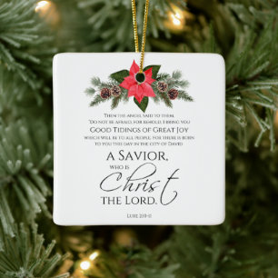 Luke 2:10-11 Poinsettia Christmas Seamless Pattern Ceramic Ornament