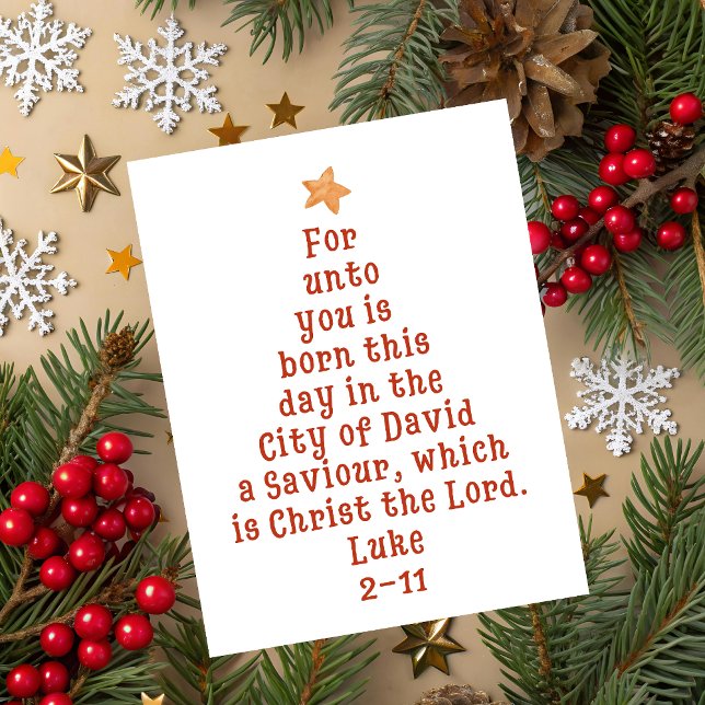 Luke 2:11 Bible Verse Christmas Tree Art Holiday Card (Luke 2:11 Bible verse shaped like a Christmas tree with star – Christian Christmas greeting card.)