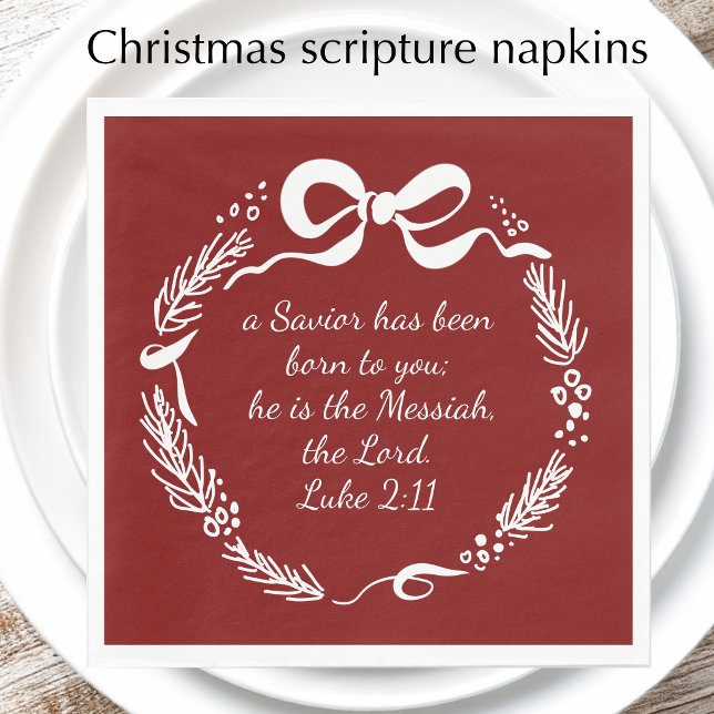 Luke 2:11 | Modern Hand Drawn Bow Red Christmas Napkin (I drew this hand drawn bow Christmas scripture wreath for your Christian Christmas celebration.


)