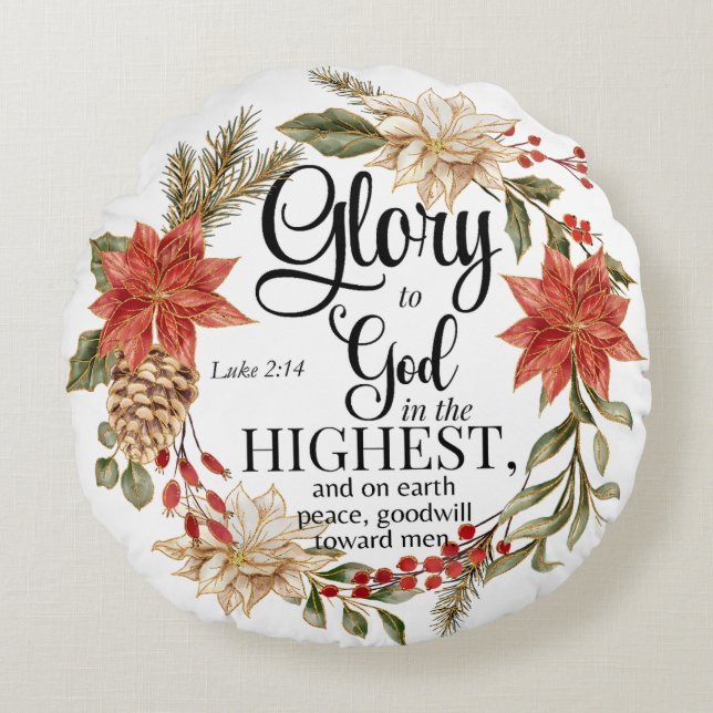 Luke 2:14 Glory to God Christmas Gold Floral Round Cushion (Front)