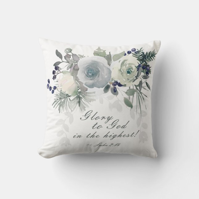 Luke 2:14 "Glory to God" White Rose Christmas Cushion (Front)