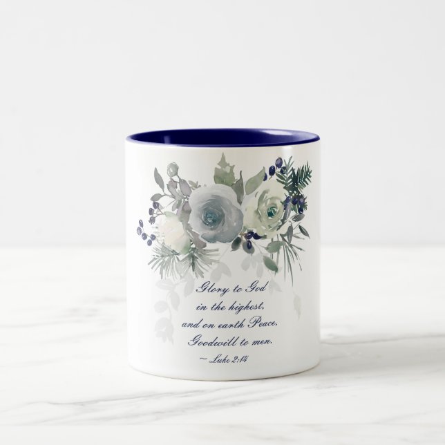 Luke 2:14 "Glory to God" White Rose Christmas Two-Tone Coffee Mug (Center)