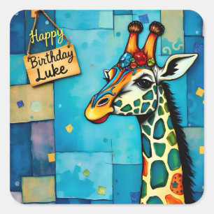 LUKE ~ HAPPY BIRTHDAY ~ Giraffe ~ Square Sticker