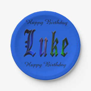 Luke, Name Logo, Blue Paper Birthday Party Plate. Plate