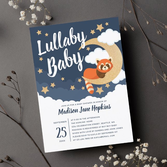 Lullaby Baby Red Panda Moon Baby Shower Invitation (Creator Uploaded)