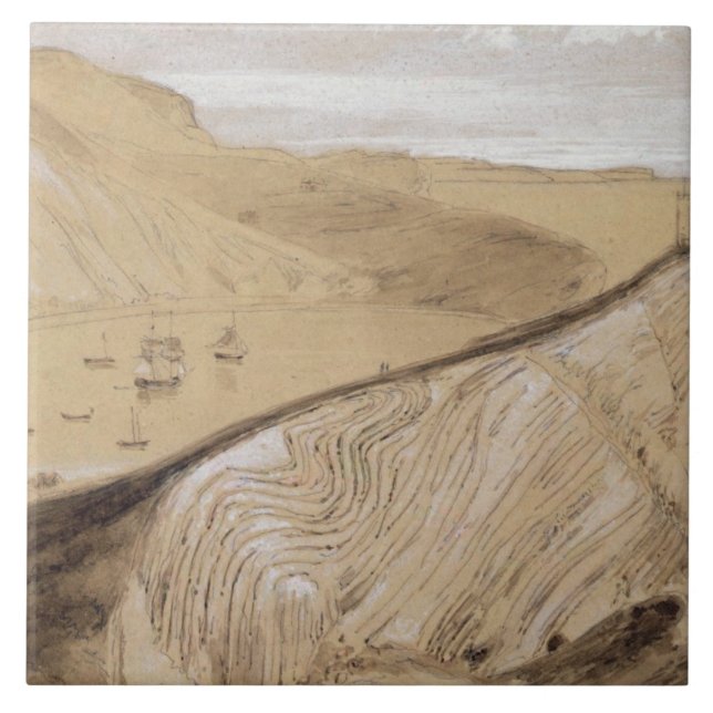 Lulworth Cove (w/c, gouache and graphite on beige Tile (Front)