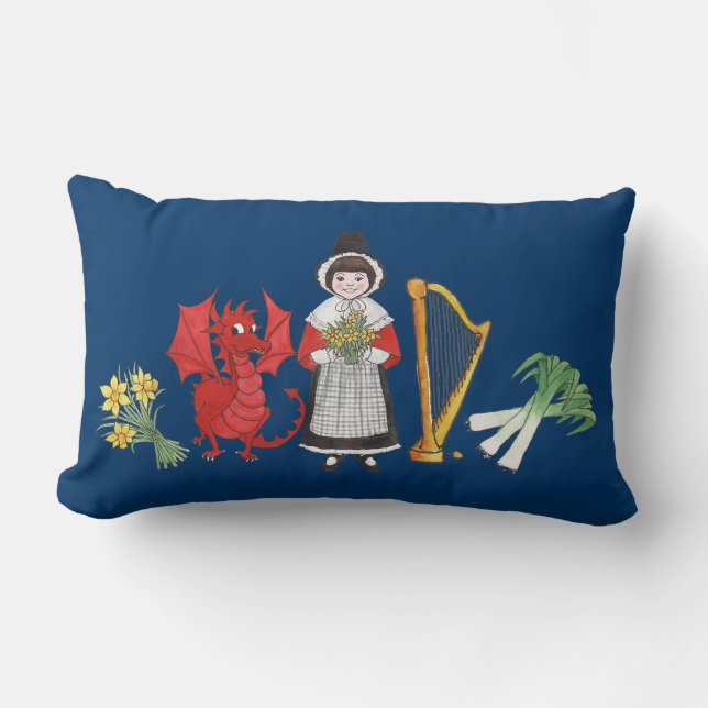 Lumbar Pillow: Welsh, Daffodils, Dragon Leeks Harp Cushion (Front)