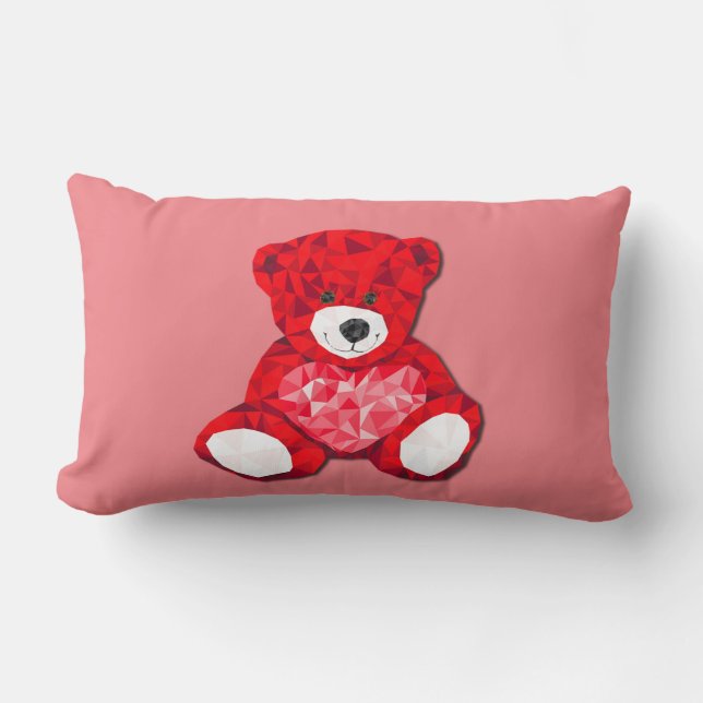 Lumbar pillow with red teddy bear in pink. (Front)