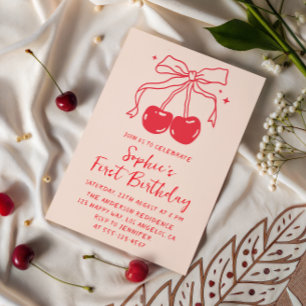 Lumber & Red Bow Cherry Fruit 1st Birthday Party Invitation
