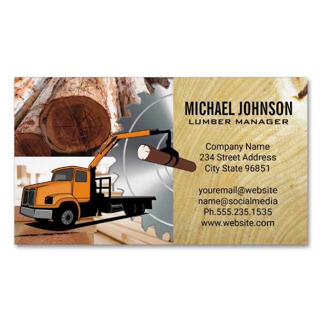 Lumber Yard | Wood | Circular Saw Magnetic Business Card (Front)