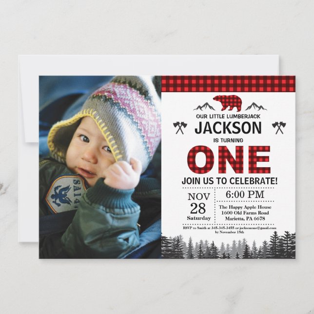 Lumberjack 1st Birthday Invitation Bear Woodland (Front)