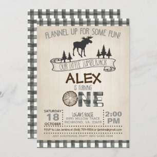 Lumberjack 1st Birthday Invitation - Moose - White