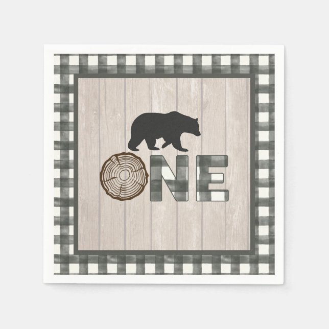 Lumberjack 1st Birthday Napkin - Bear White ONE (Front)