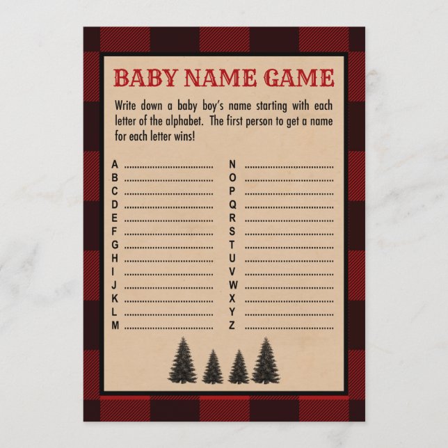 Lumberjack Baby Name Shower Game Red Plaid Programme (Front)