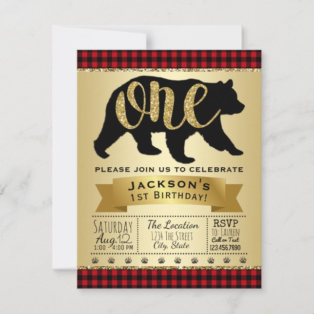 Lumberjack Bear 1st Birthday Party Invitations (Front)