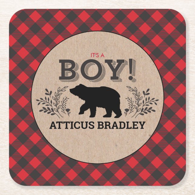 Lumberjack Bear Baby Boy Kraft Shower Coasters (Front)