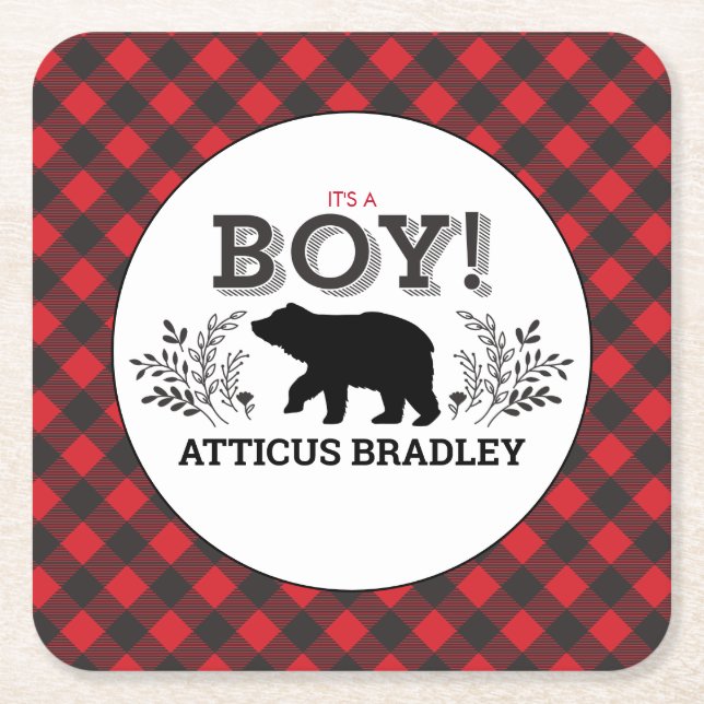 Lumberjack Bear Baby Boy Shower Coasters (Front)