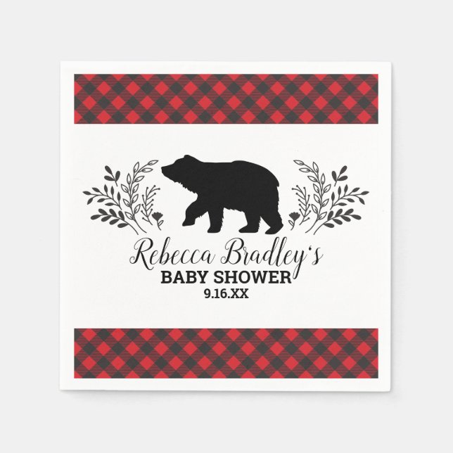 Lumberjack Bear Buffalo Plaid Boy Baby Shower Napkin (Front)