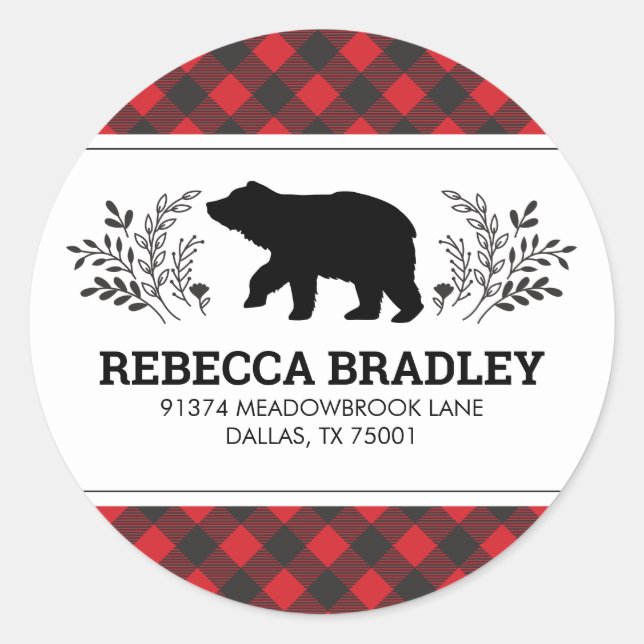 Lumberjack Bear Buffalo Plaid Return Address Classic Round Sticker (Front)