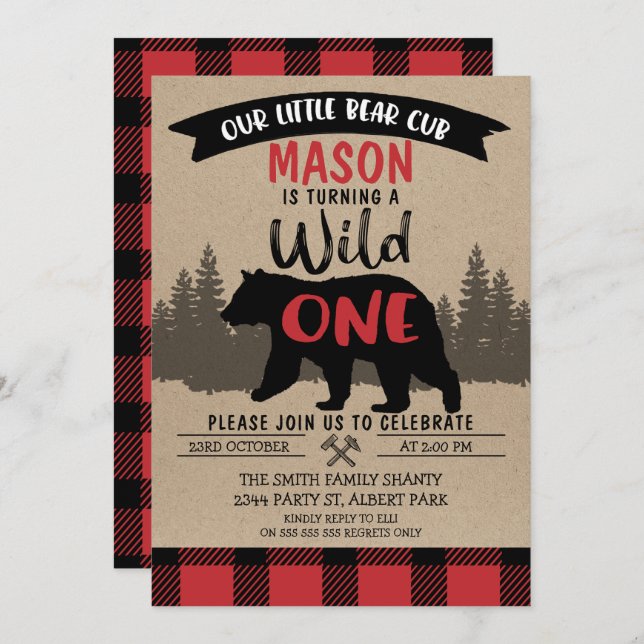 Lumberjack Bear Cub Wild One Birthday Invitation (Front/Back)