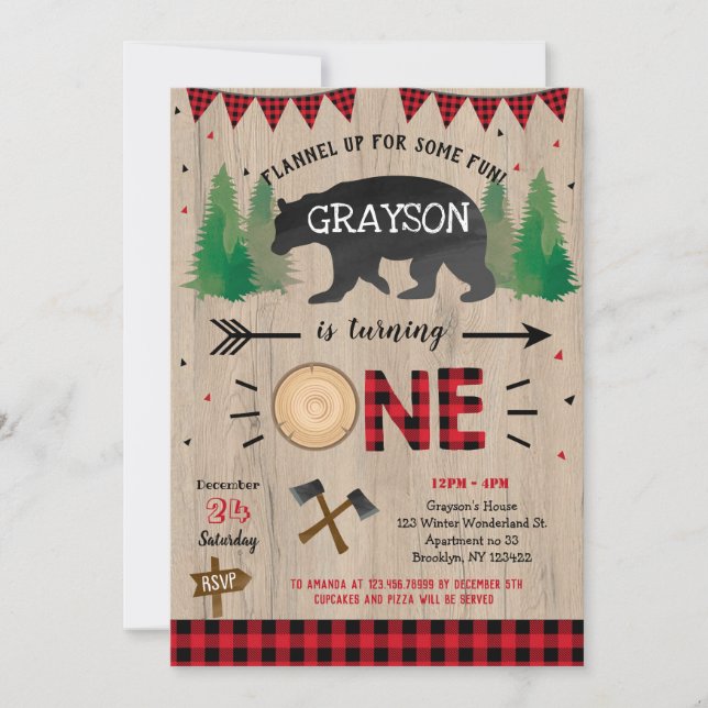 Lumberjack Bear First 1st Birthday Invitations (Front)