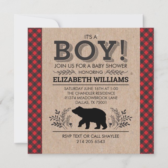 Lumberjack bear Flannel Rustic Boy Baby Shower Inv Invitation (Front)