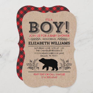 Lumberjack bear Flannel Rustic Boy Baby Shower Inv Invitation