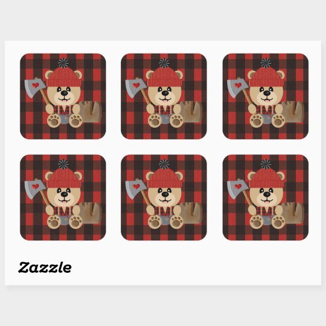 Lumberjack Bear in Diapers Baby Boy 3 Inch Square Sticker (Sheet)