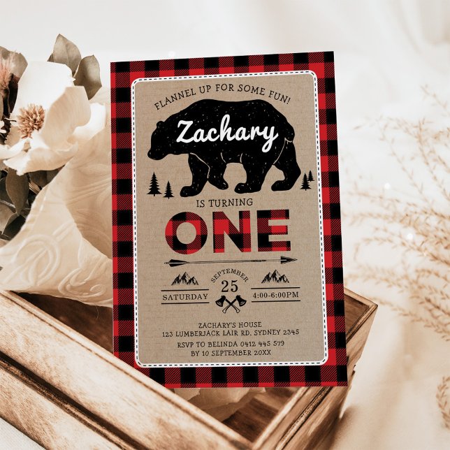 Lumberjack Bear Tartan 1st Birthday Woodland Party Invitation (Creator Uploaded)