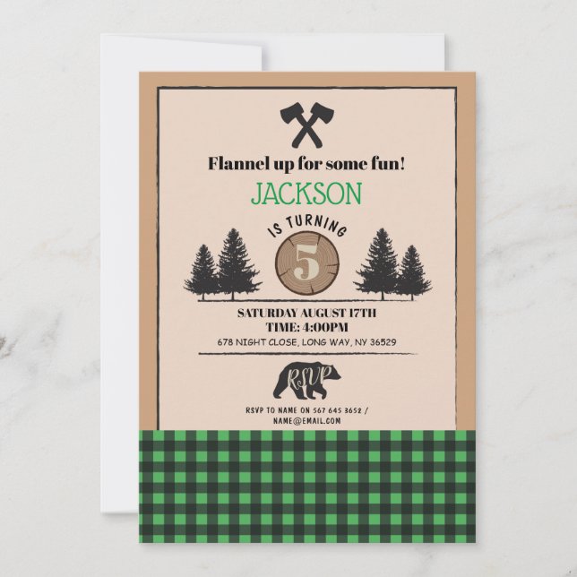 Lumberjack Bear Wood Birthday Party Any Age Invite (Front)