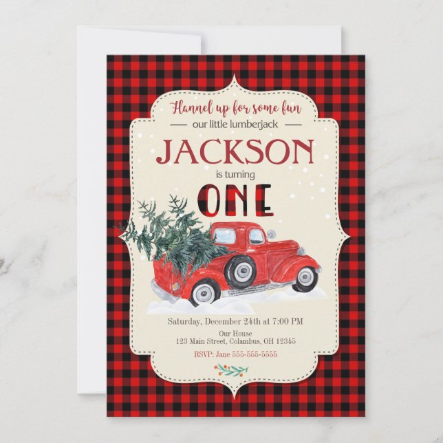 LUMBERJACK Birthday Invitation / Red Truck (Front)