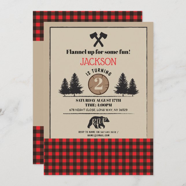 Lumberjack Birthday Party Any Age Invite Bear Wood (Front/Back)