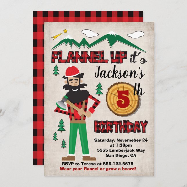Lumberjack Birthday Party Flannel Forest Invitation (Front/Back)