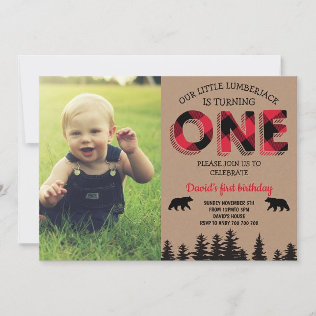 Lumberjack Boy First Birthday Red Flannel Photo Invitation (Front)